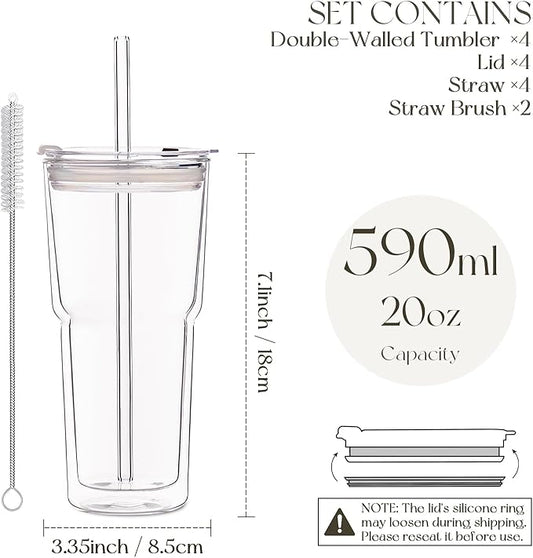 KEMORELA 20 oz Double Wall Glass Tumblers with Lids & Straws, Set of 4—Insulated Clear Drinking Glass Cups for Iced Coffee, Matcha, Smoothies, Whiskey, and More—Reusable for Home & Parties
