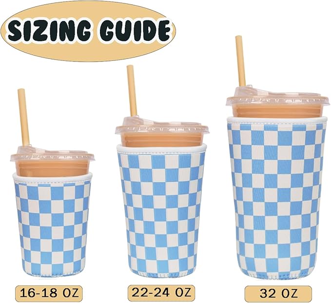 Reusable Insulated Neoprene Iced Coffee Cup Sleeve, Durable Drink Sleeve for Cold Beverages, Beverage Holder for Iced Coffee, Blue Grid