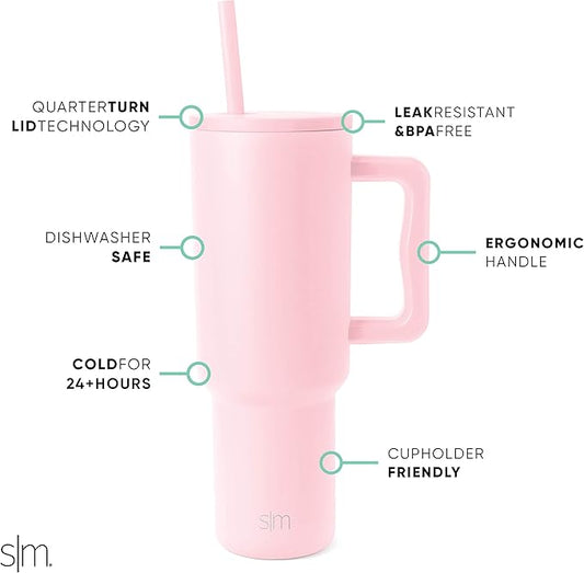 Simple Modern 40 oz Trek Tumbler with Handle and Straw Lid | Cup Holder Friendly Insulated Stainless Steel Travel Mug | Blush