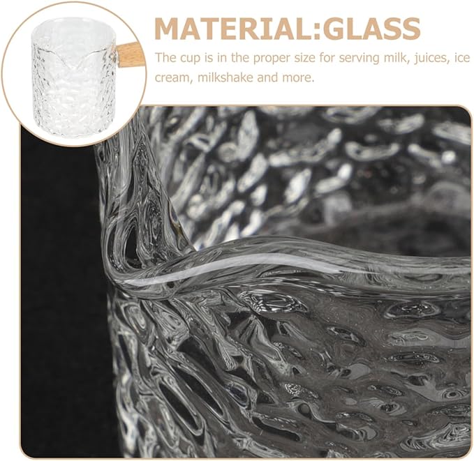 Hammered Glass Espresso Shot Cup with Wood Handle - 100ml / 3.4oz Small Milk Creamer Pitcher with Spout - Heat Resistant Borosilicate Glass Measuring Cup for Coffee, Latte, Syrup, Sauces