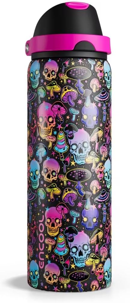 Insulated Water Bottle with Straw - Encool Stainless Steel Water Bottle with Push Button Lid, Leak-Proof & BPA-Free, Keeps Cold for 24 Hours for Sports, Travel, Gym (32 oz, Trippy Skulls)