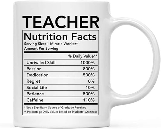Andaz Press Funny 11oz. Ceramic Coffee Tea Mug Thank You Gift, Teacher Nutritional Facts, 1-Pack, Novelty Gag Birthday Christmas Gift Ideas Coworker