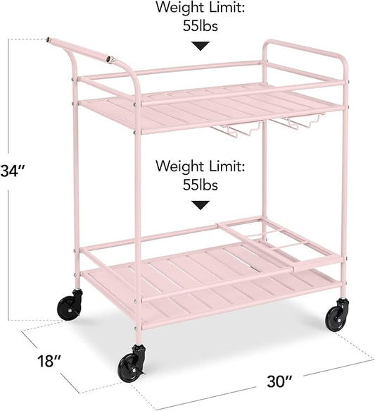 Best Choice Products Rolling Bar Cart, Mobile Home Bar Serving Cart, Serving Station w/ 2 Tier Shelves, Wine Rack, Lockable Wheels - Pink