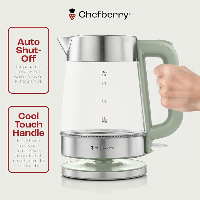 Electric Kettle for Boiling Hot Tea & Water | 1.7L Stainless Steel Borosilicate Glass Boiler With No Plastic, Automatic Shutoff, BPA Free, Fast Heating Technology (Green)