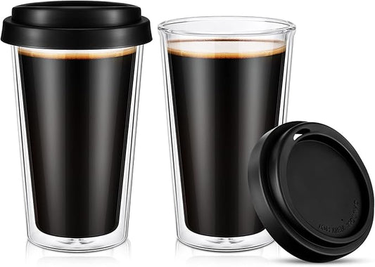 Honeydak 2 Pack 12 oz Double Walled Glass Coffee Mugs with Silicone Lids Clear Insulated Drinking Cups Reusable Glass Iced Coffee Cups for Home Office and Travel