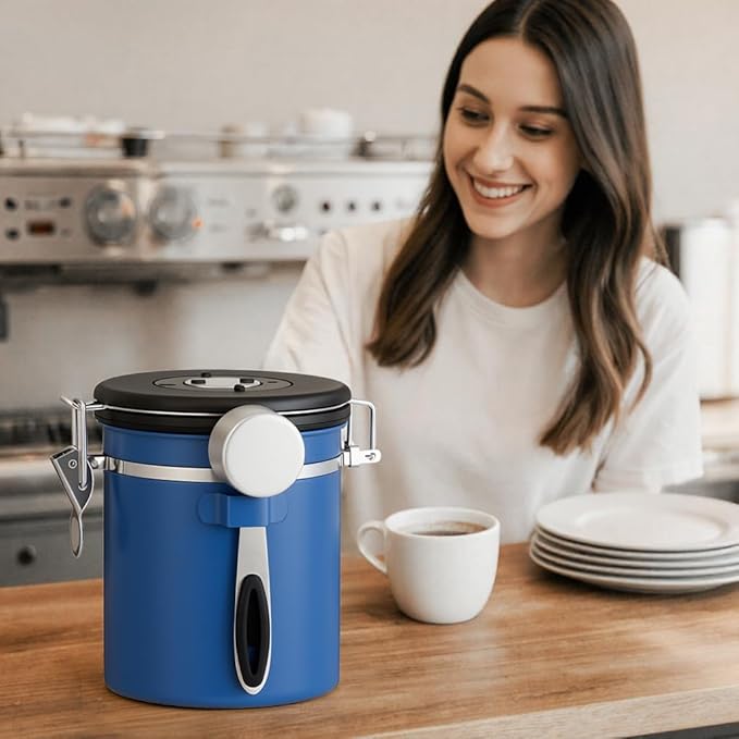 ShanSon Coffee Canister Airtight Coffee Container Stainless Steel Coffee Bean Storage Container with Scoop Coffee Canister for Beans Grounds Sugar Flour Tea Cereal,11OZ,Blue