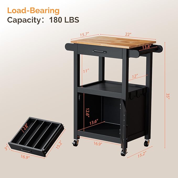 VINGLI Small Kitchen Island Cart on Wheels with Storage, Rolling Kitchen Island with 1 Drawer & 1 Shelf, Towel Rack & Cabinet, Kitchen Island Cart with Storage, Black