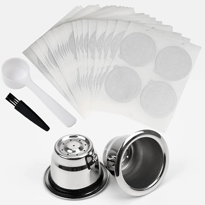 Reusable Espresso Capsules Refillable Coffee Pods Stainless Steel Cups Filters Compatible for Nespresso Original Line Machines with Aluminum Foil Seals Stickers Lids (2 Cups+100 Lids)