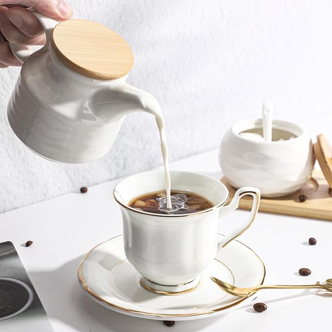 Ceramic Sugar and Creamer Set,12oz Cream Pitcher and 7.5oz Sugar Bowl with Lid,Coffee Serving Set for Cream and Sugar Spices, Condiments (2, Large)