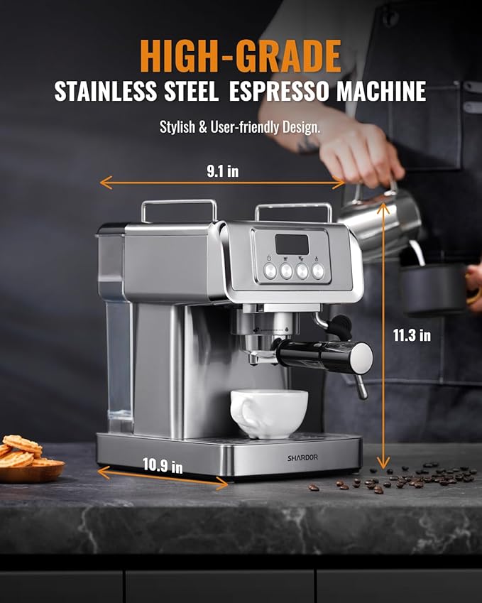 SHARDOR 20-Bar Espresso Machine for Home Barista, Built-In Steam Wand for Latte & Cappuccino, Stainless Steel Espresso Coffee Maker with Temp Display, 1350W, 60oz Water Reservoir