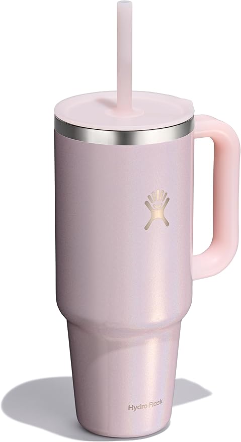 Hydro Flask Travel Tumbler with Handle, Lid and Straw - Insulated Stainless Steel in 40 Oz Glimmer Pink