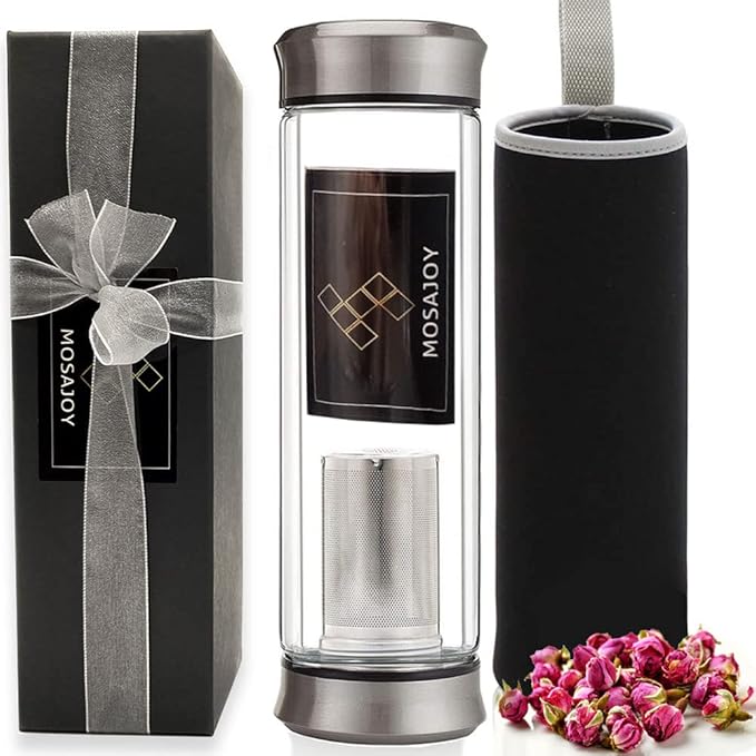 Modern Black Cylindrical Glass Travel Tea Mug with Infuser | BPA Free Double Wall Insulated 14 Ounce (A01)