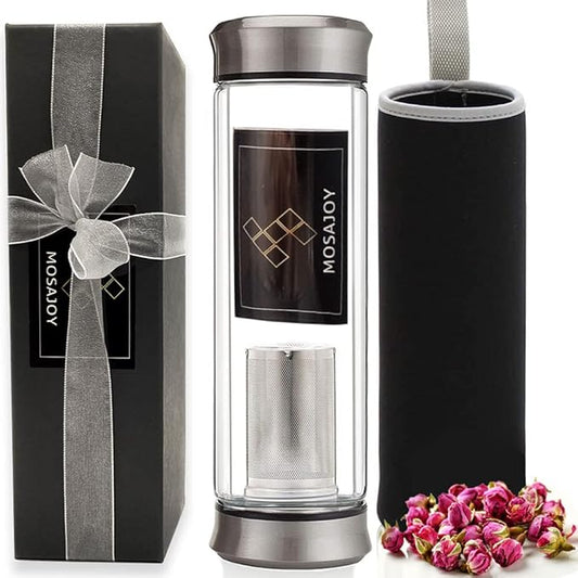 Modern Black Cylindrical Glass Travel Tea Mug with Infuser | BPA Free Double Wall Insulated 14 Ounce (A01)