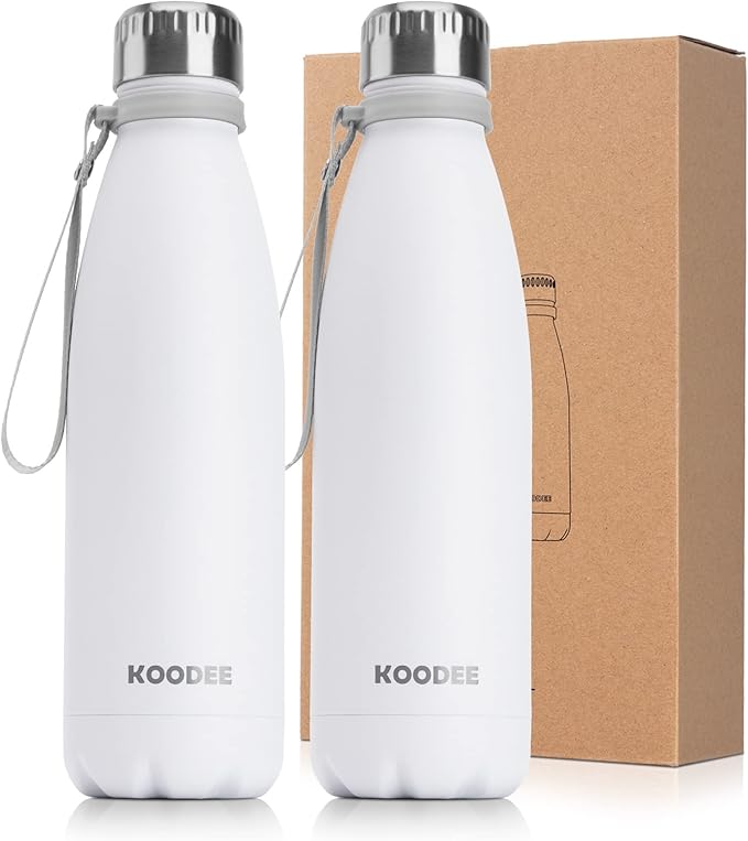 koodee Insulated Water Bottle 2 Pack Stainless Steel Double Wall Vacuum Water Bottle, 17 oz Cola Shape Leakproof Travel Thermal Flask(2 Pack White)