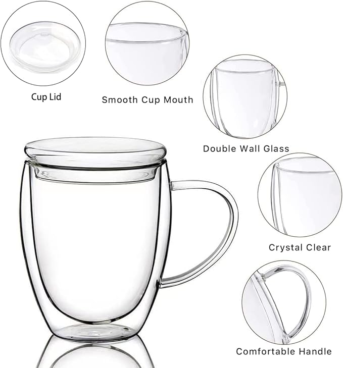 12 Oz Double Walled Glass Coffee Mugs, 2 Packs Clear Coffee Mugs with Lids Insulated Coffee Cups with Handle Perfect for Cappuccino,Tea,milk ,Espresso,Latte, Hot Beverage Set of 2 (Glass lid, 12oz)