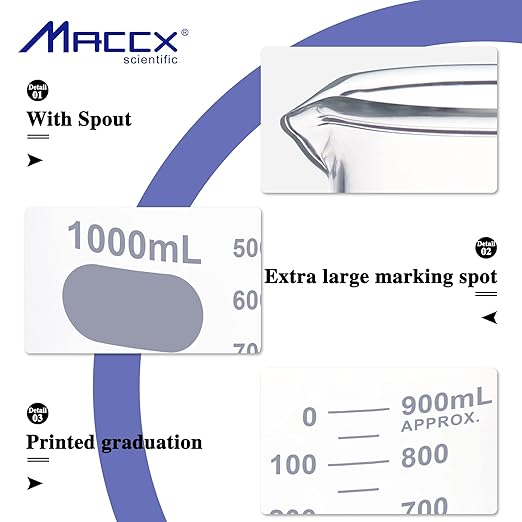 34oz(1000ml) New Upgraded Glass Beakers, Heavy Duty Lab Beaker,3.3 Borosilicate with Double Scale, HDBK1K0-001