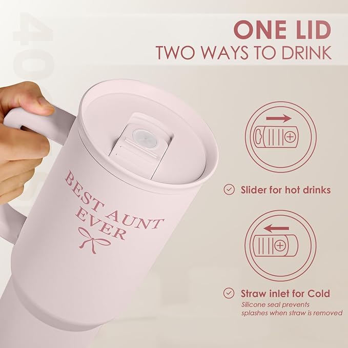 Gift for Aunt - Best Aunt Stainless Steel Tumbler with Handle, Travel Coffee Mug for Moms - Aunts Gifts for Birthday Christmas Mothers Day, 40oz