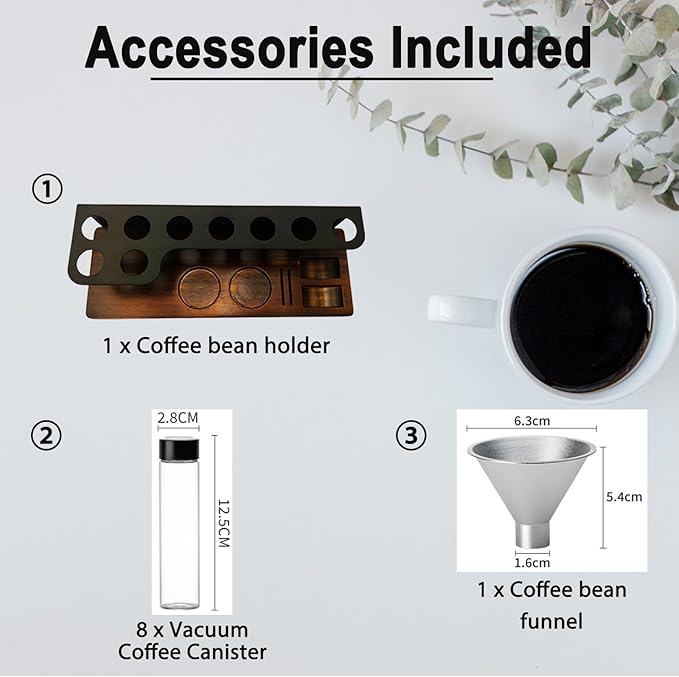 8-Piece Vacuum Coffee Canister Set with Wooden Storage Stand – Airtight Jars + Funnel for Coffee Enthusiasts & Home Cafés | Countertop Bean/Tea Freshness Organizer