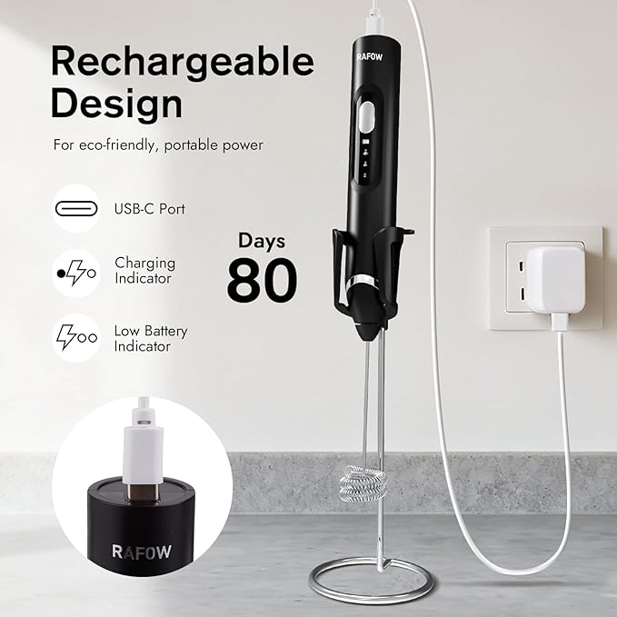 RAFOW Handheld Electric Milk Frother: Rechargeable Frother Wand with Stand, 3 Speeds & Detachable Double Whisk Drink Mixer, Froth Stirrer for Latte, Cappuccino, Cream, Matcha, Dalgona Coffee - Black