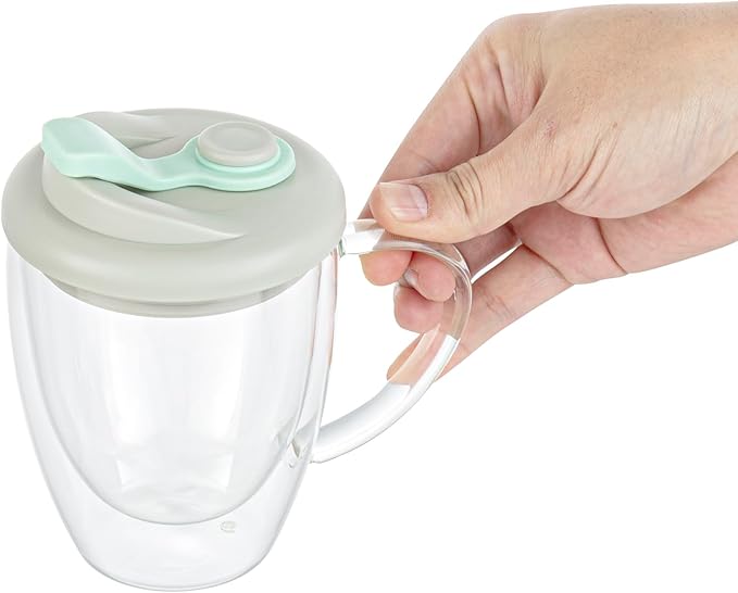Restaurantware - Forma Professional 11.8 Ounce Insulated Travel Mug With Handle, 1 Double Wall Coffee Mug - Includes Lid, Reusable, Clear Borosilicate Glass Tumbler, Dishwashable, Microwavable