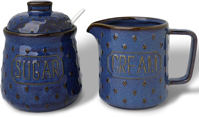 GDCZ Ceramic Sugar and Creamer Set, Milk Creamer and Sugar Container with Spoon, Coffee Serving Set with Sugar Bowl and Cream Pitcher, Set of 2 (Blue)
