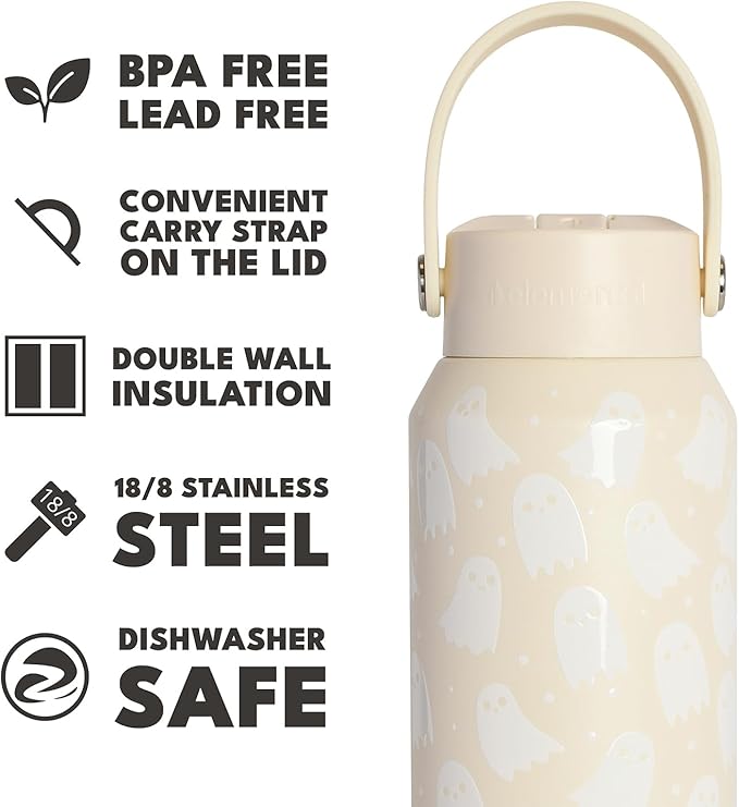 Elemental 40oz Insulated Water Bottle with Straw - 100% Leak-Proof Stainless Steel Core Water Bottles for Travel, Sports and Gym - Double Wall Insulation & BPA Free - Little Ghostie