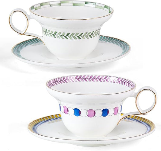 KAMMAK Ceramic Coffee Cups Saucers Set of 2, Porcelain Espresso Cups with Saucers, 5.92 oz Handmade Elegant Bone China Tea Cup, Ceramic Floral Pattern Demitasse for Latte, Americano, Cappuccino