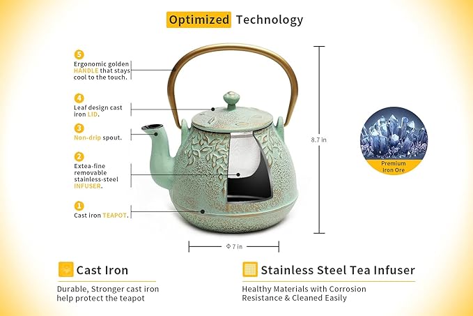 Tea Kettle, TOPTIER Japanese Cast Iron Teapot with Infuser for Loose Leaf and Tea Bags, Stovetop Safe Cast Iron Tea Kettle Coated with Enameled Interior for 40 oz (1200 ml), Light Green