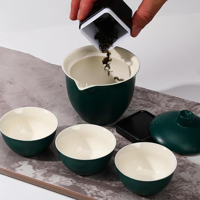 Porcelain Chinese Gongfu Tea Sets for Adults Portable Kungfu Teapot and Cup Set Small Ceramic Tea Party Set Travel Teaset with Lid for Home Gifting Outdoor and Office (Green)