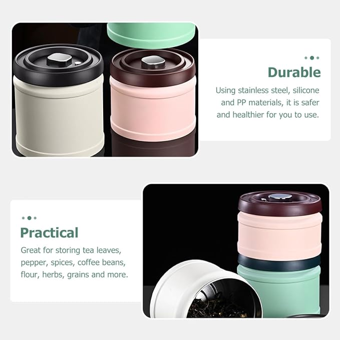 Vacuum Sealed Spice Jar with Silicone and Stainless Steel Airtight Beans Canister for Kitchen Storage Moisture and Dust Food Container in Pink