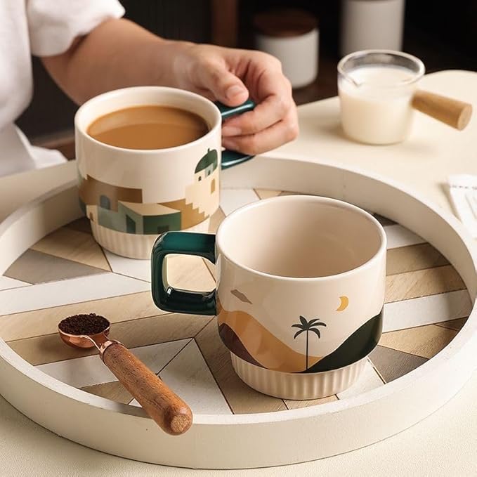 LOWYEPAULHO Ceramic Espresso Cups,Coffee Mugs with Handle, Ceramic Mug Set, Coffee Mug Set, Coffee Cups Set, CeramicCoffee Mugs, Set of 2, Night of the Desert