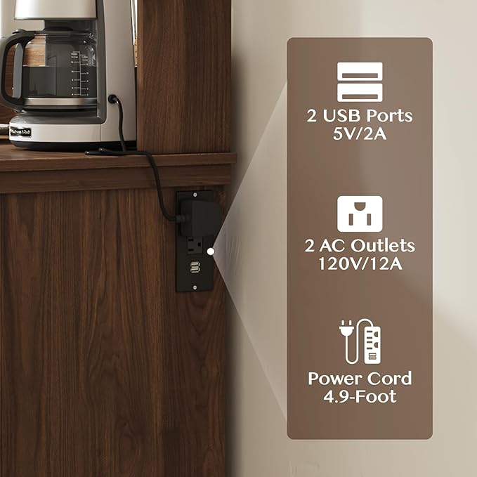 Farmhouse Coffee Bar Cabinet with Storage,31.5" Kitchen Cabinet with Hooks and Charging Station,Coffee Station with Adjustable Shelf and Hutch,Sideboard for Living Dining Room