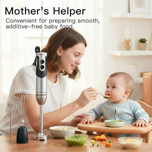 MegaWise Stainless Steel Titanium Reinforced 3-in-1 Immersion Hand Blender, Powerful with 80% Sharper Blades, 12-Speed Corded Blender, Including Whisk and Milk Frother (3-in 1 Black)