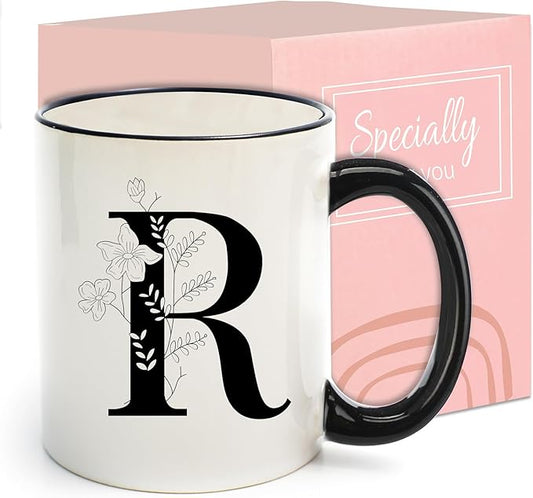Monogram Ceramic Coffee Mugs, 11 oz Initial Drinking Cup with Gift Box, Unique Birthday Christmas Gifts for Women Wife Mothers Day Grandma Mom Aunt, R