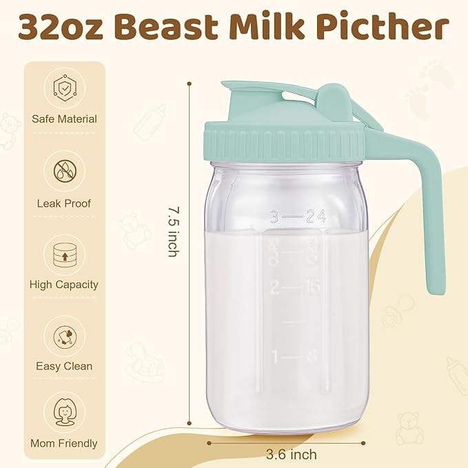 Breast Milk Pitcher with Leak Proof Flip Cap & Pour Spout, 32 oz Wide Mouth Mason Jars for Breast Milk Storage Container, Glass Picther with Lid for Cold Brew Coffee, Sun Tea, Juices, Blue