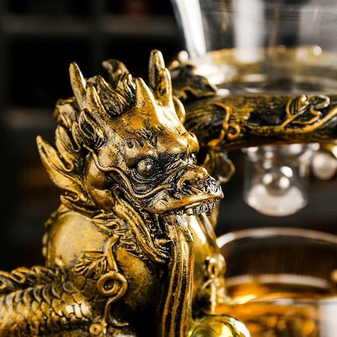 Glass Teapot Set with Infuser Semi Automatic Dragon Tea Set with 6 Small Cups (golden dragon)