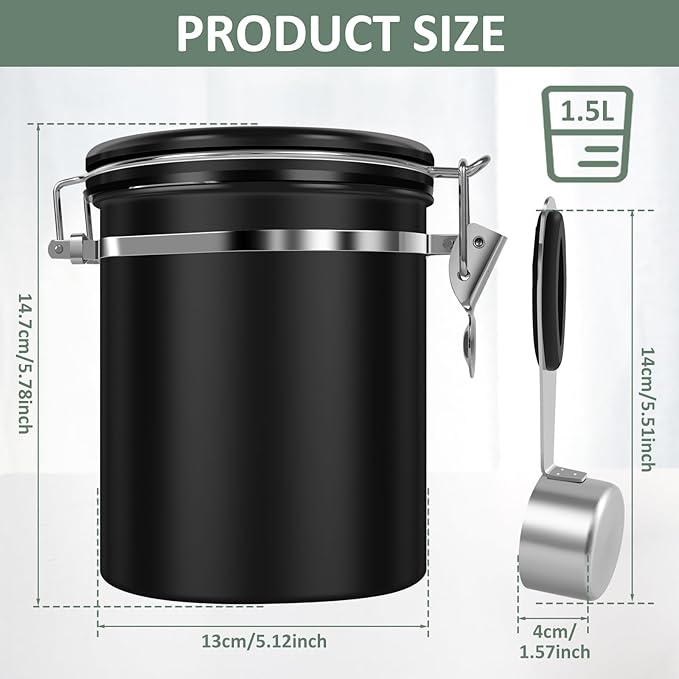 2PCS Coffee Storage Canister 1.5L 51OZ Double Airtight Coffee Beans Container with Date Locator 304 Stainless Steel Kitchen Food Storage Container with Spoon For Coffee Tea and Sugar