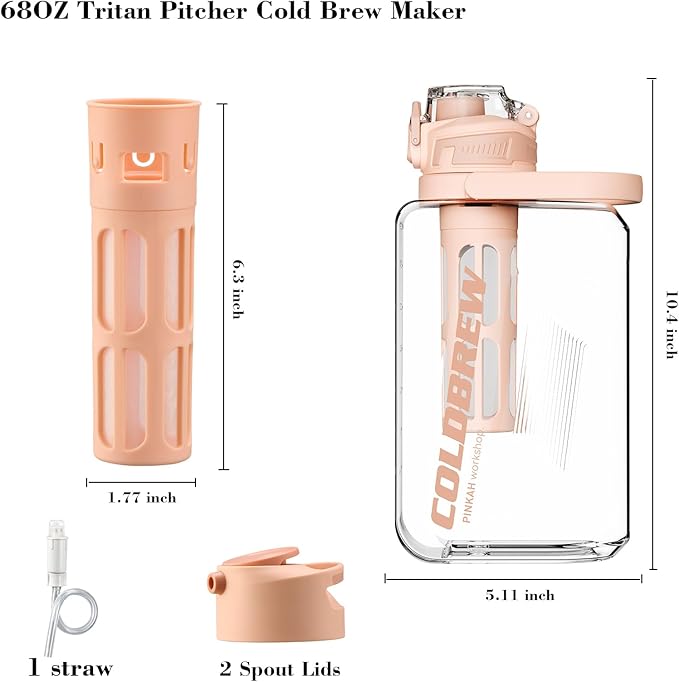 Itslife Cold Brew Coffee Maker, 68oz Iced Coffee Tritan Pitcher with Filter, 2 Pour Spout Lids For Airtight & Leak-Proof Coffee Barrel(Black)