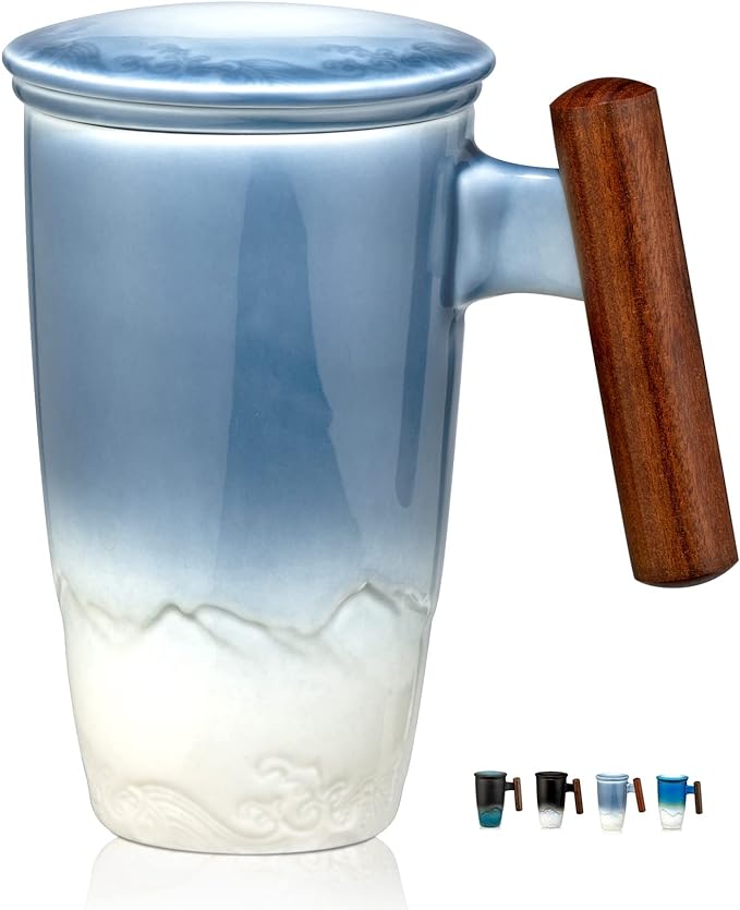 suyika Tomotime Tea Cup with Infuser and Lid 400ml Ceramic Tea Mugs Smooth Inner Wall Wooden Handle 13.5 oz,Blue