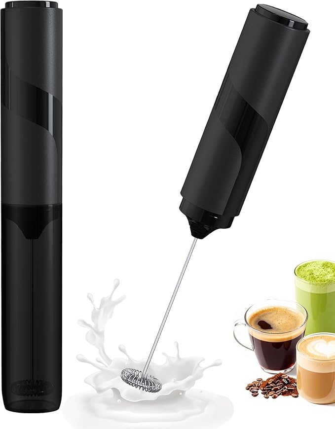 Handheld Milk Frother with Cover, Battery Operated Drink Mixer Handheld Easy to Carry Electric Frother Wand For Coffee, Latte, Cappuccino, Frappe Drink, Hot Chocolate, Black