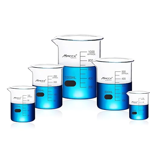 Sturdy Glass Beakers, 5 Sizes of 50ml 100ml 250m 500ml 1000ml,3.3 Borosilicate Griffin Low Form with Printed Graduation, BKLS02-005