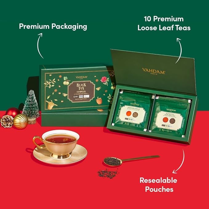 VAHDAM, Assorted Black Tea Loose Leaf Tea Gift Set (10 Flavors) Gift Ideas for Women & Men | Directly Sourced From Assam and Darjeeling | Resealable Ziplock Pouch