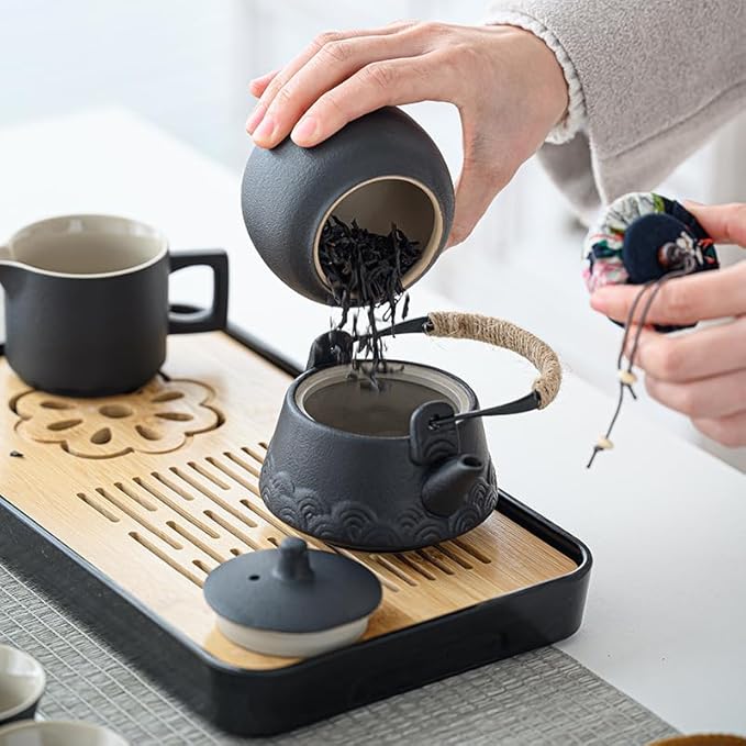 LURRIER Gongfu tea sets, Portable Ceramic TeaSet, Asian Tea sets for adult, Tea Gift sets, Grey leather case, Portable Travel Bag,Home,Gifting,Outdoor and Office(Black)