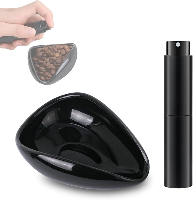Coffee Bean Dosing Cup and Spray Bottle Kit - Ceramic Single Dosing Tray,Static Reducing Spray (Black)