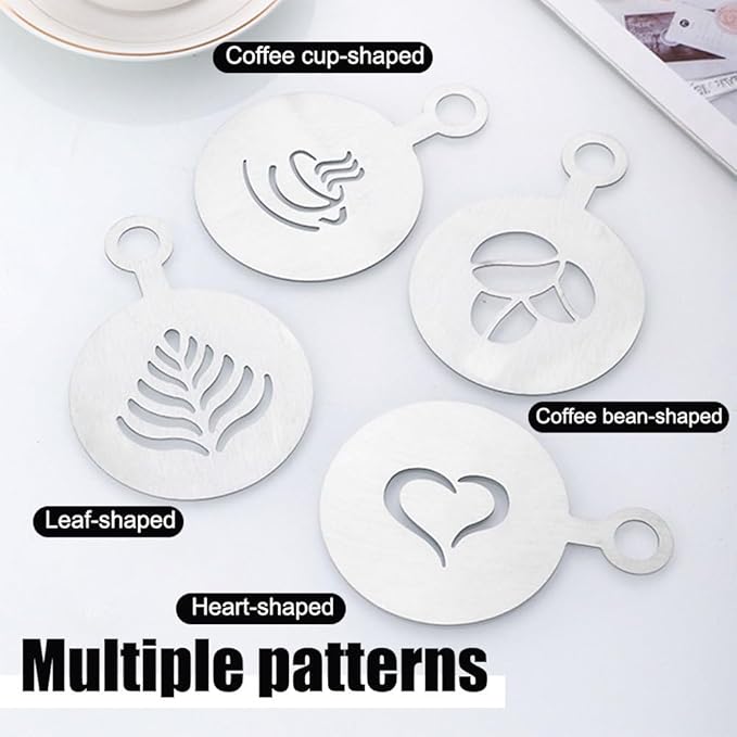 DONGKER Latte Art Stencils,4 PCS Stainless Steel Coffee Stencils with Various Patterns for Kitchen Store Arts Templates