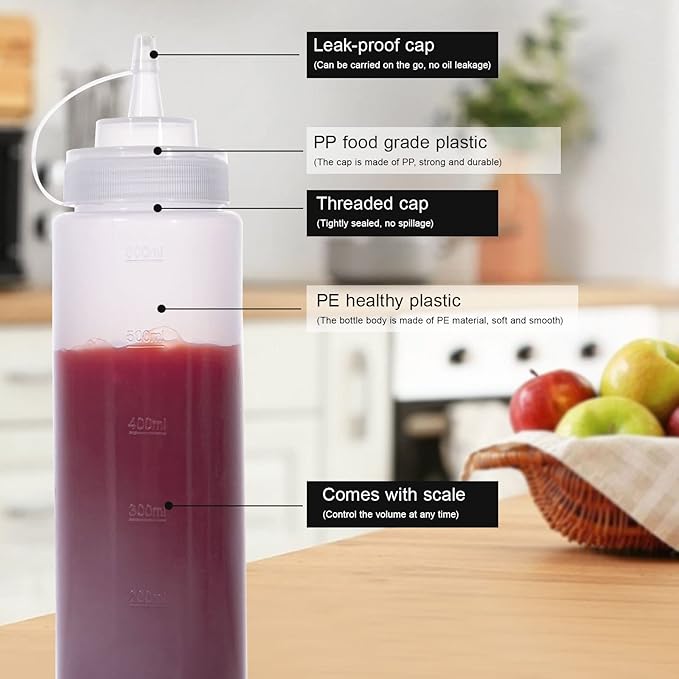 Katfort Condiment Squeeze Bottles Ketchup Dispenser 2PCS 24 oz Plastic Sauce Squirt Bottle with Cap Lids, Pancake Squirt Bottles for Sauces Liquids Mustard BBQ Dressing Pancake Art