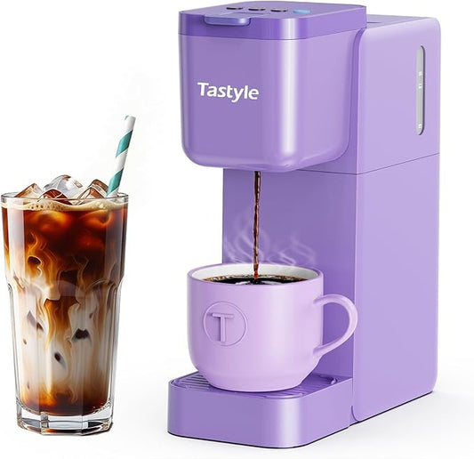 Single Serve Coffee Maker Hot and Iced with Bold Brew, Small Coffee Machine for K Cup and Ground, Fits 7.3'' Travel Mug, Brews up to 16 Oz, 5 Cup Sizes, Compact for Office, RV& Hotel, Lavender