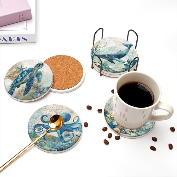 Coasters for Drink Set of 6,Vintage Marine Animal Absorbent Coasters Round Cork Bases Ceramic Coasters,Coastal Beach Coasters for Indoor/Outdoor Bar Decor,Wooden Dining Tables,Coffee Tables,4 in