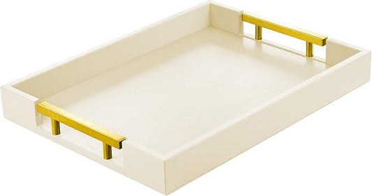 Leather Serving Tray with Gold Polished Metal Handles, Home Decorative Wooden Rectangle Ottoman Decor Platter Bathroom Vanity Tray for All Occasions Cream