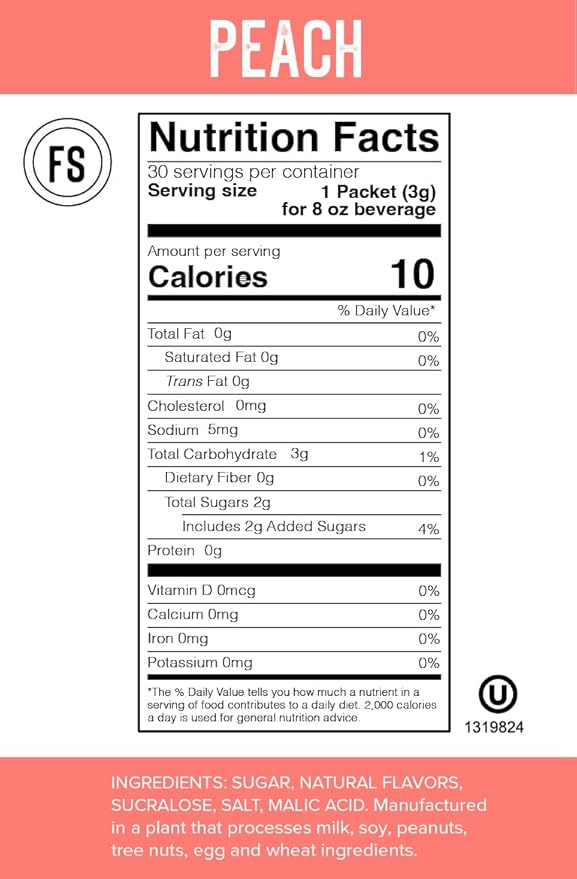Flavor Singles Peach Powdered Sweetener Packets for Tea, Travel Ready Single-Serve Syrup Alternative, 30 Count (Pack of 1)